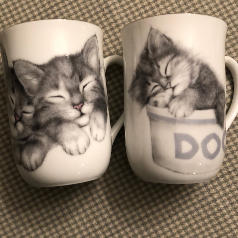 OTAGIRI JONAH’S WORKSHOP SLEEPING KITTENS & DOG BOWL - 2 VINTAGE CUPS/MUGS #547